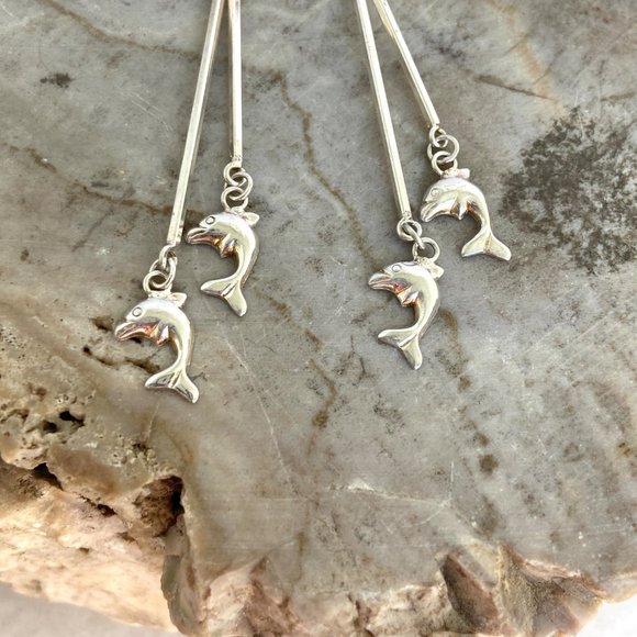 Sterling Silver 925 2.5" Long Bar Dainty Jumping Dolphin Dangle Earrings - Picture 4 of 16